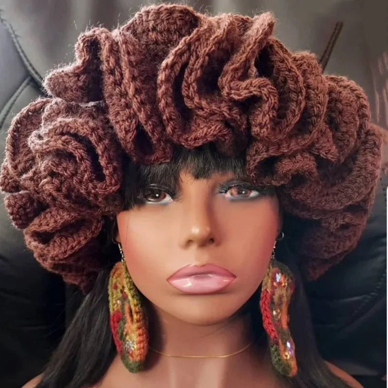 Y-Z Custom Multicolored Knitted Christmas Home Bonnet Bulky Fluffy Ruffle Brim Bucket Hat
