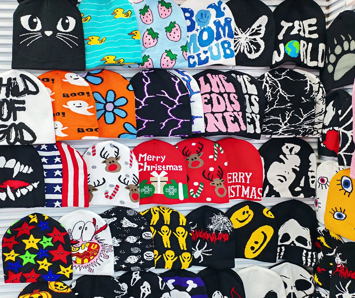 Wholesale Custom Printed Skull Cap Beanies Winter Hats Acrylic Skull Cap Cuffless Jacquard Knitted Hip Hop Beanie Hat