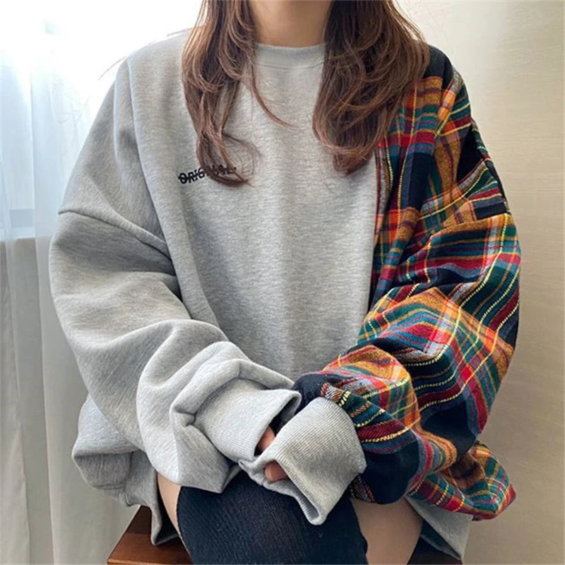 Wholesale 2026 Autumn and Winter O-neck Lattice Stitching Letter Printing Loose Puff Sleeve Pullover Women's Sweatshirt