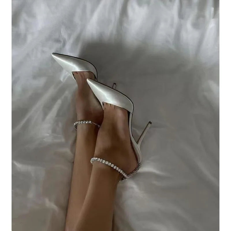 BUSY GIRL XSD4422 Sandals 2023 Luxury Satin Rhinestone Chain High Heels for Ladies Chaussures-femm Talon Dress Shoes Women Pumps