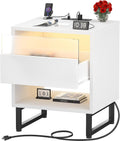 Modern Charging Station and LED Lights Nightstand with Large Capacity Drawer and Metal Frame for Bedroom Furniture