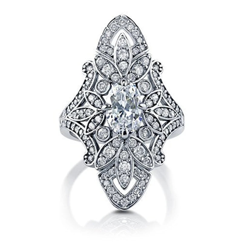 Huitan Hot Sale Noblewomen Retro Rings Oval Zirconia Silver Flower Pattern Carving Anillos Lady Girls Silver Vintage Rings