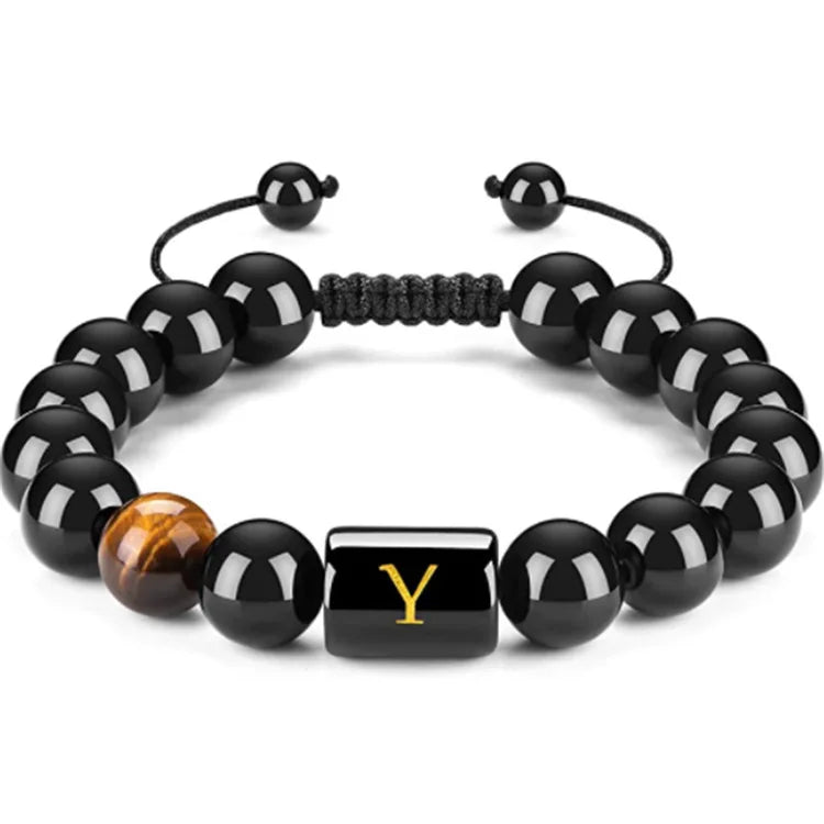 Hot Sale Men's & Ladies' Fashion Jewelry-Hand Woven Black Agate Bracelets with 26 Letters Natural Black Agate Material