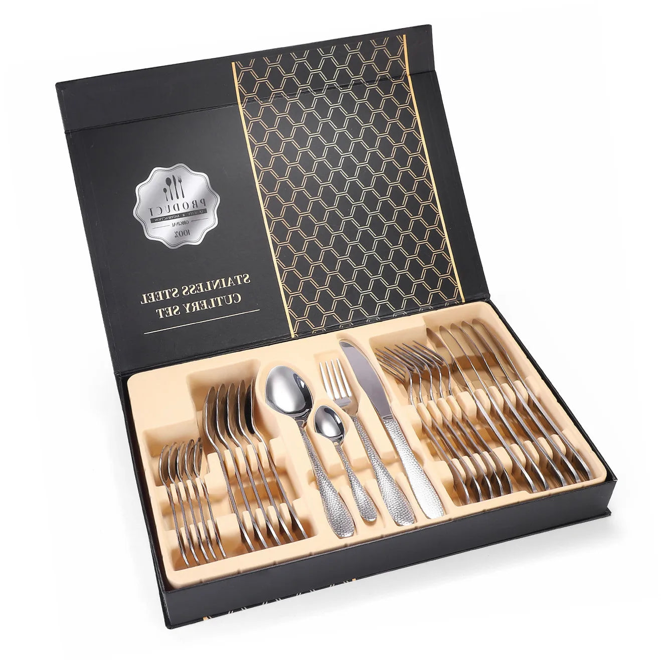 24 Pcs Western Style Tableware Water Cube Design Reusable Stainless Steel Cutlery Set