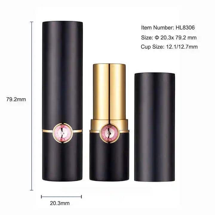 HUIHO Custom Logo Aluminum Metal Black Round Lipstick Tube 12.1 I 12.7mm (OEM/ODM Available Model HL8306)