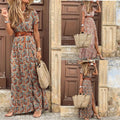 Women Boho Dresses Fashion Vintage Print V Neck Dresses