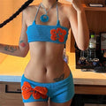 Summer Women Low Neck Knit Suit Clash Color Chest Slim Casual Shorts Set