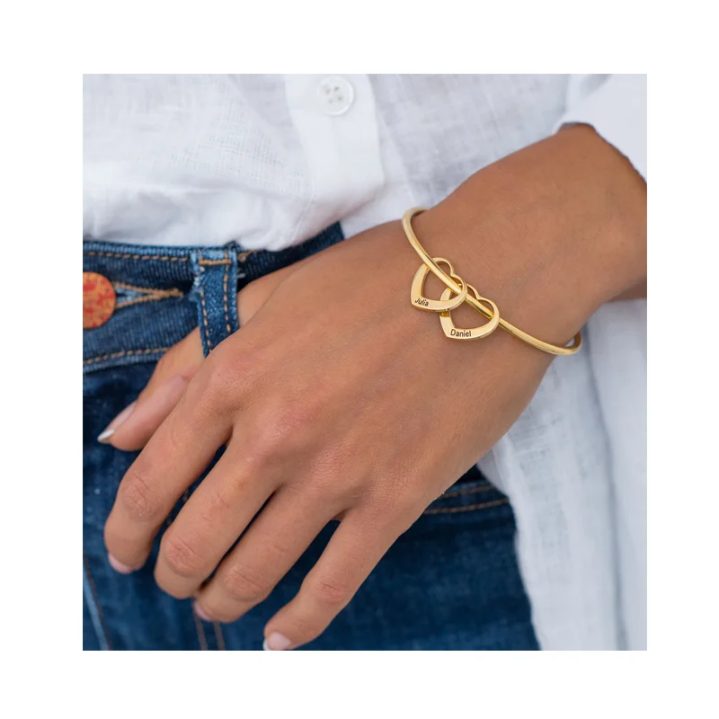 Fashion Stainless Steel Jewelry Sets Customized Personalized Bangle Bracelet Jewelry 18k Gold Engraved Hearts Charm Bangle