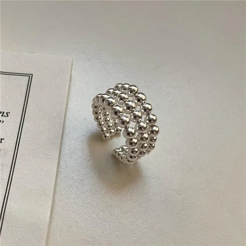 Wholesale Three Rows Beads Band Fine Jewelry Sterling Silver 925 Open Adjustable Unisex Rings for Women Men