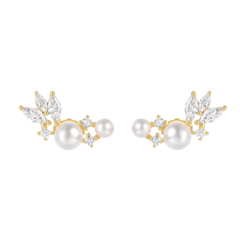 Fashion Jewelry 925 Sterling Silver Marquise Eye Wing Shape Diamond Zircon Pearl Gold Plated Stud Earrings for Women