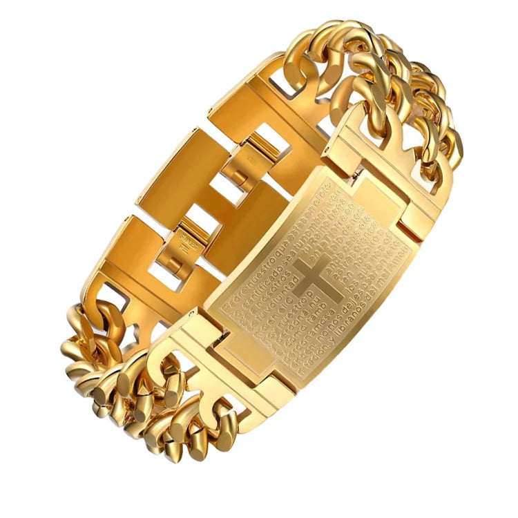Fashion Jewelry 316L Stainless Steel Men's Cross Custom Bracelets Gold Plated Double Layers Cuban Chain Bracelet