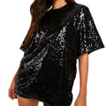 Fashion Cotton Spandex Round Neck Custom Beige Sequin Girls Tee Shirts Luxury Oversized Full Body Sequin Women T Shirts