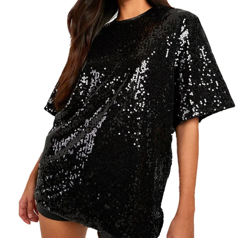 Fashion Cotton Spandex Round Neck Custom Beige Sequin Girls Tee Shirts Luxury Oversized Full Body Sequin Women T Shirts