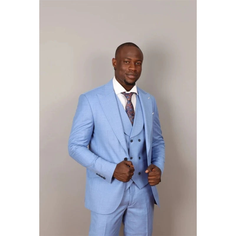Costumes Homme Three Pieces Business Casual Men Suits Set Custom Made Light Blue Single Button Party Men Wedding Suits Tuxedo