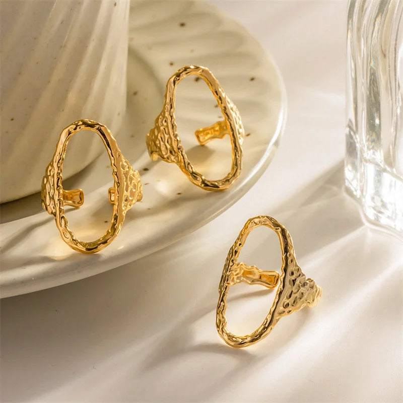 Oval Shape Non Tarnish 18k Gold Stainless Steel Hammered Texture Rings for Women