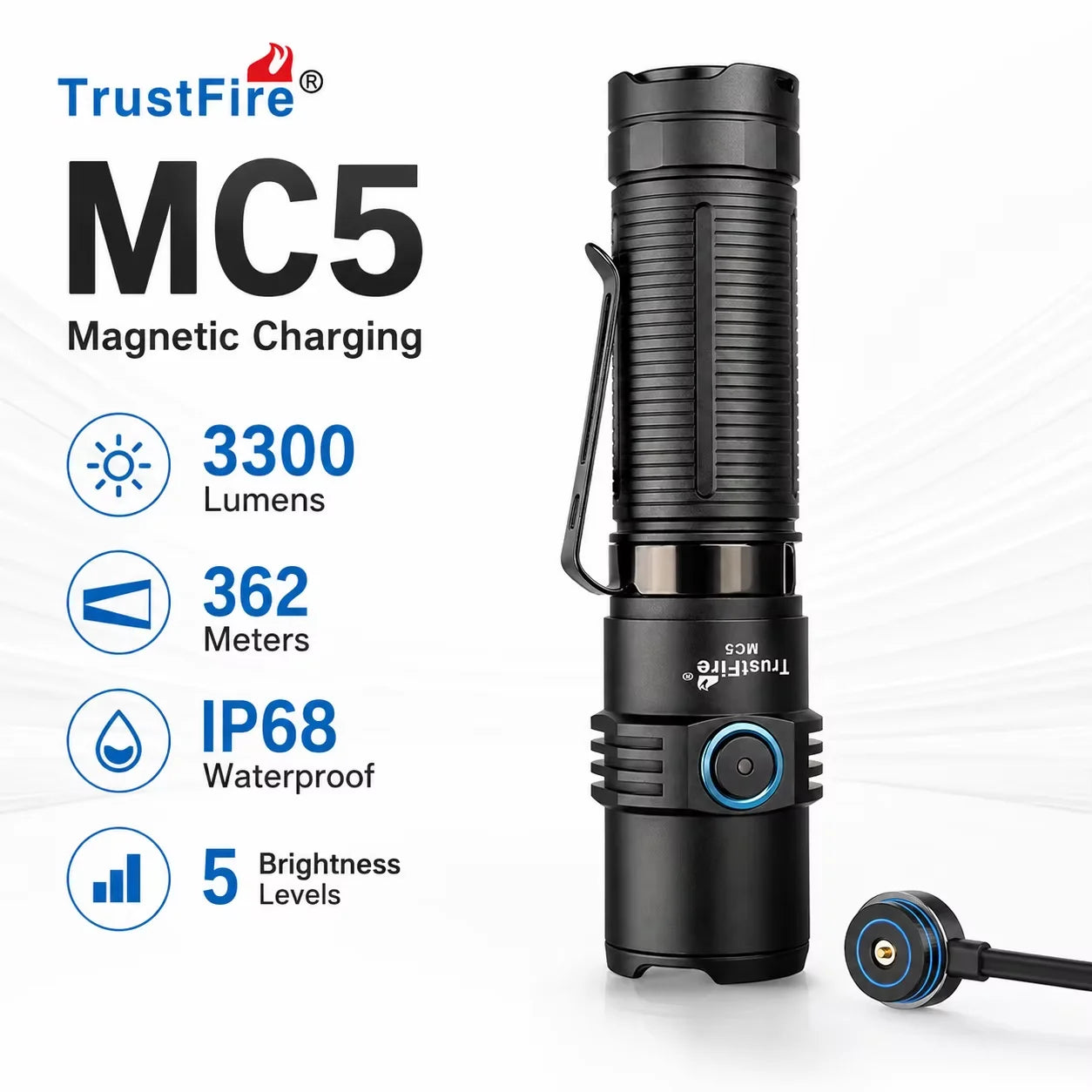 TrustFire MC5 Torch Light Long Range High Power 3300LM Led Torch FlashLight Magnetic LED Flashlight for Outdoor Travel Hiking