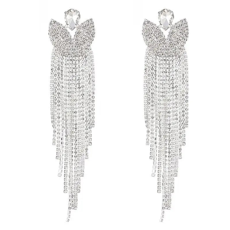 Gorgeous Crystal Rhinestone Teardrop Tassel Post Earrings Lady's Fashion Chandelier Accessories with 1 Card OPP Bag