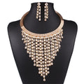 Women Fashion Charm Jewelry Pendant Chain Tassel Crystal Multi-layer Choker Rhinestone Statement Bib Necklace Earrings Set