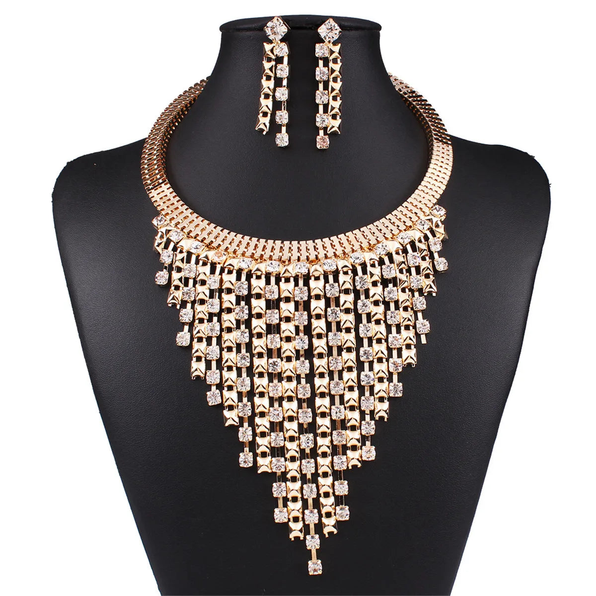 Women Fashion Charm Jewelry Pendant Chain Tassel Crystal Multi-layer Choker Rhinestone Statement Bib Necklace Earrings Set