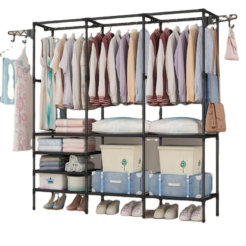 Modern Metal Extendable Storage Wardrobe with Shoe and Hat Rack Freestanding Bedroom Furniture