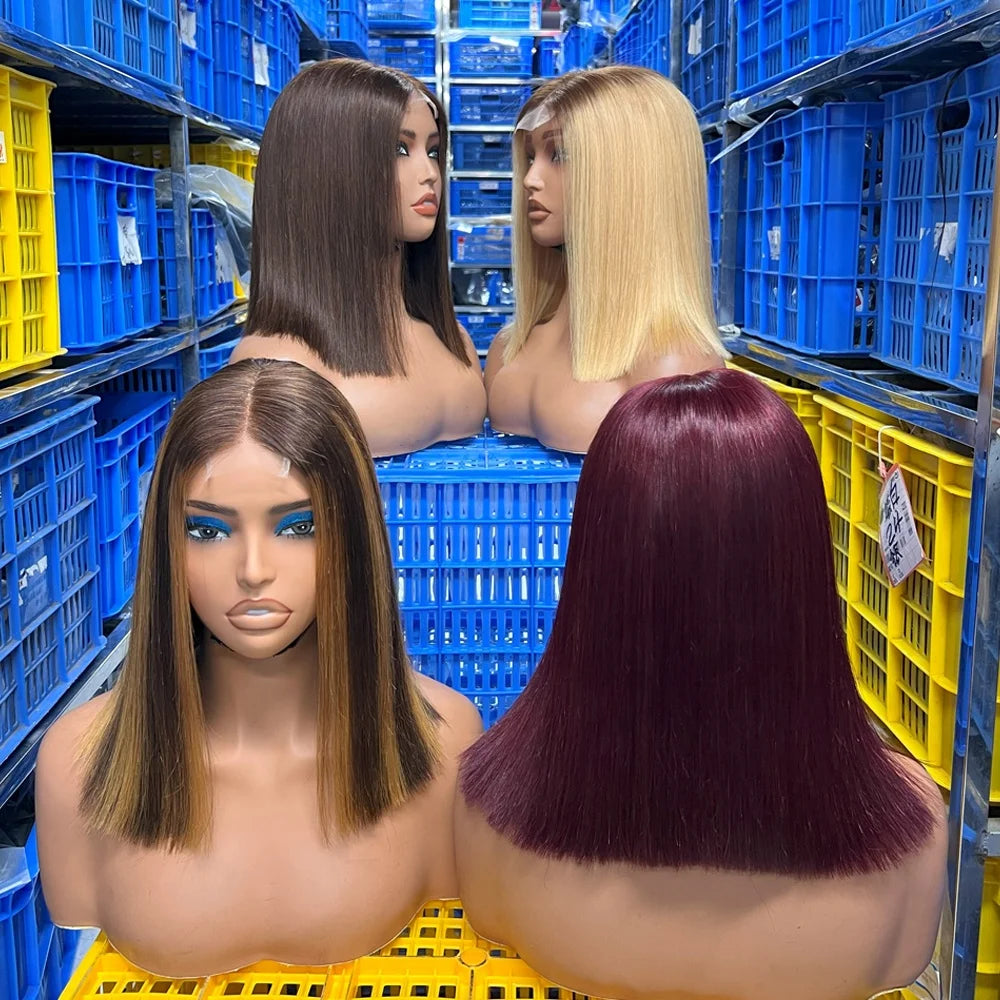 14A Super Double Drawn Raw Virgin Hair Bob Wig Human Hair Wigs 2x6 Kim Lace Closure 12 Inch Colored Bob Wig