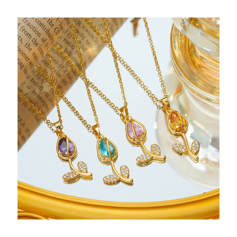 Dainty 18K Gold Tulip Flower Charm Pendant Necklace Colorful Zircon Tulip Flower Necklace Best Friend Gift