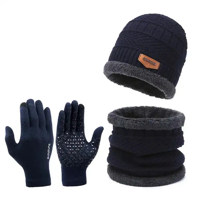 Winter Fashion Knitted Soft Wool Three Piece Set Solid Color Warm Hood Luxury Beanie Gloves Hat and Scarf Set Men Woman