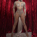 See Through Pearl Rhinestone Dance Leotard Stage Performance Costume One Piece Jumpsuit Women Bodycon Club Party Bodysuit