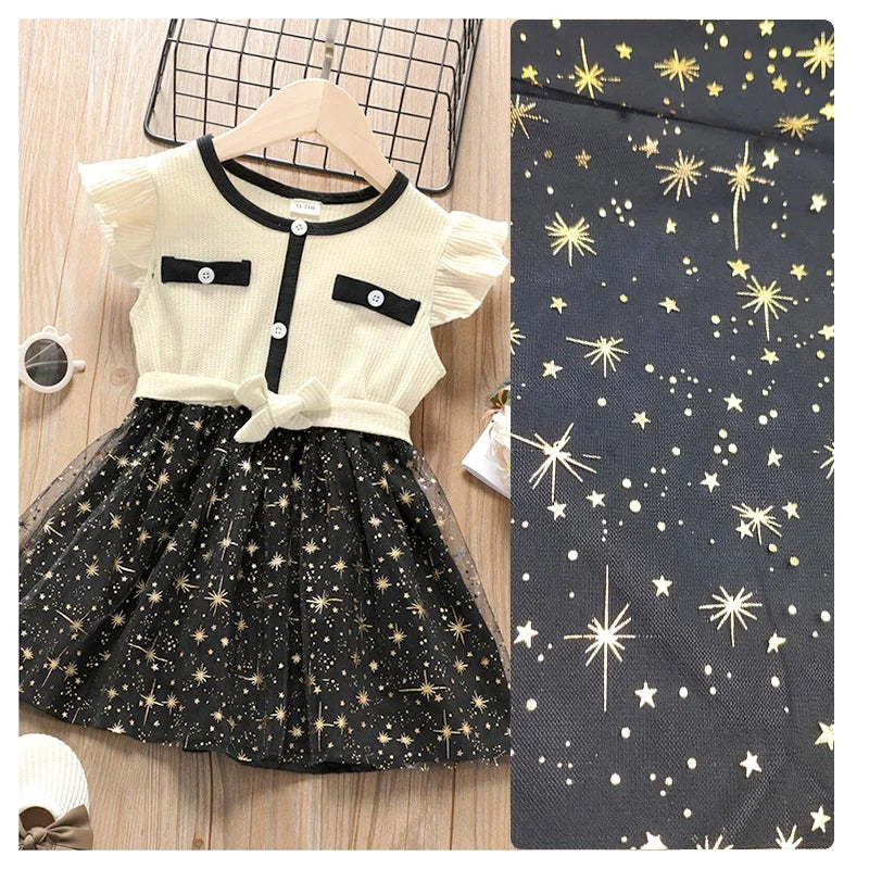 DX126 Manufacturers Direct Flash Tulle With Gold Foil Star Dots Design Polyester Mesh Fabric
