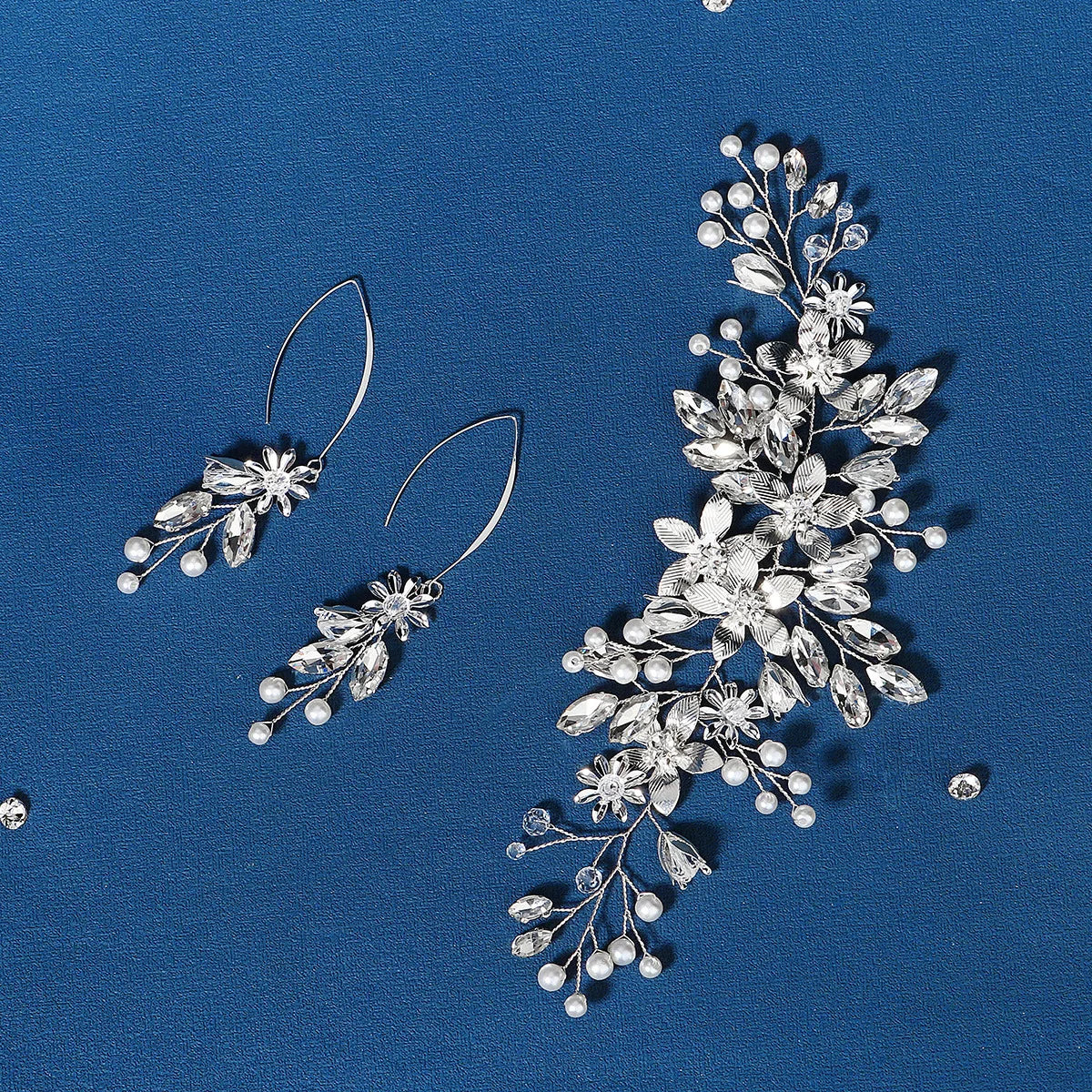 SLBRIDAL Handmade Alloy Crystal Rhinestones Pearls Bridal Headband Earrings Set Wedding Headpieces Women Girls Hair Jewelry