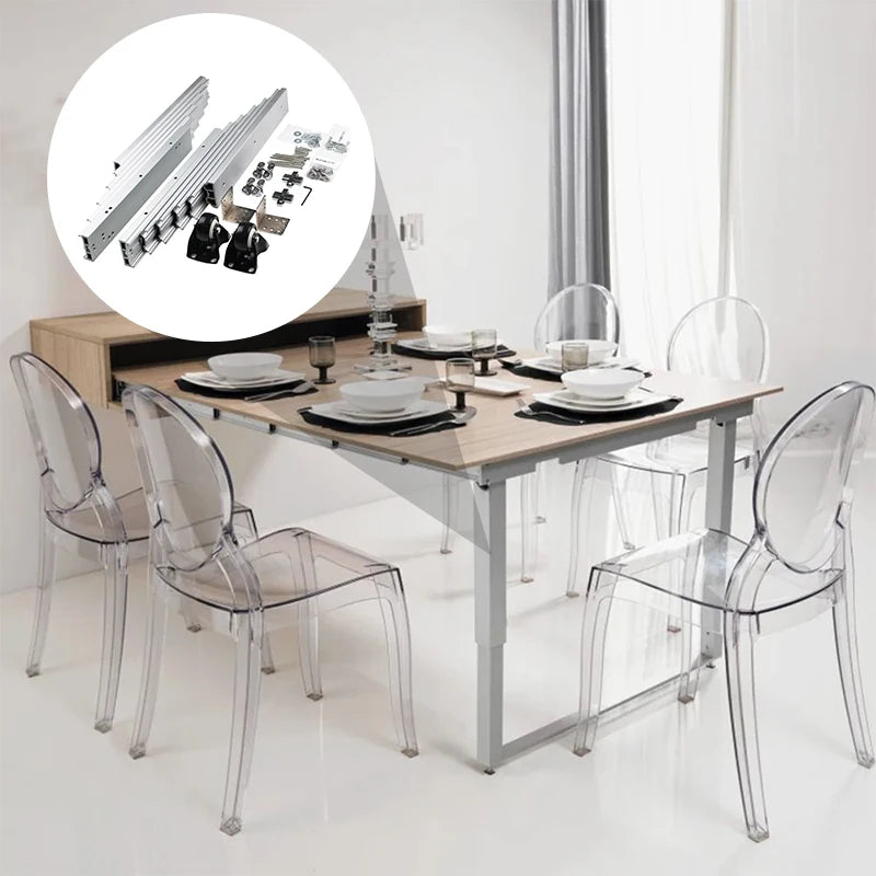 Heavy Duty Extension Hidden Invisible Dining Drawer Multi-sections Telescopic Slide Rail Pull Out Extending Table Mechanisms