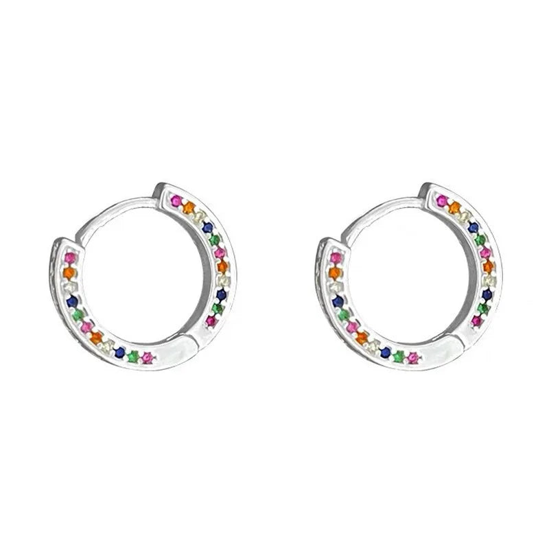 925 Sterling Silver Cubic Colored Zirconia Geometric Round Shaped Earrings Hoops Personalized Minimalist Style for Women