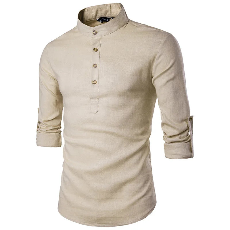 S-2XL New Men's Solid Color Stand Collar Long-sleeved Cotton and Linen Shirt Large Size Fashion Casual Men's Shirt