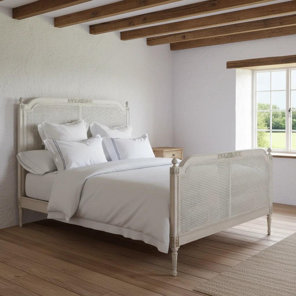 Hot Selling French Vintage Bedroom Furniture Solid Oak Wood King and Queen Beds with Rattan Wicker Customized Color