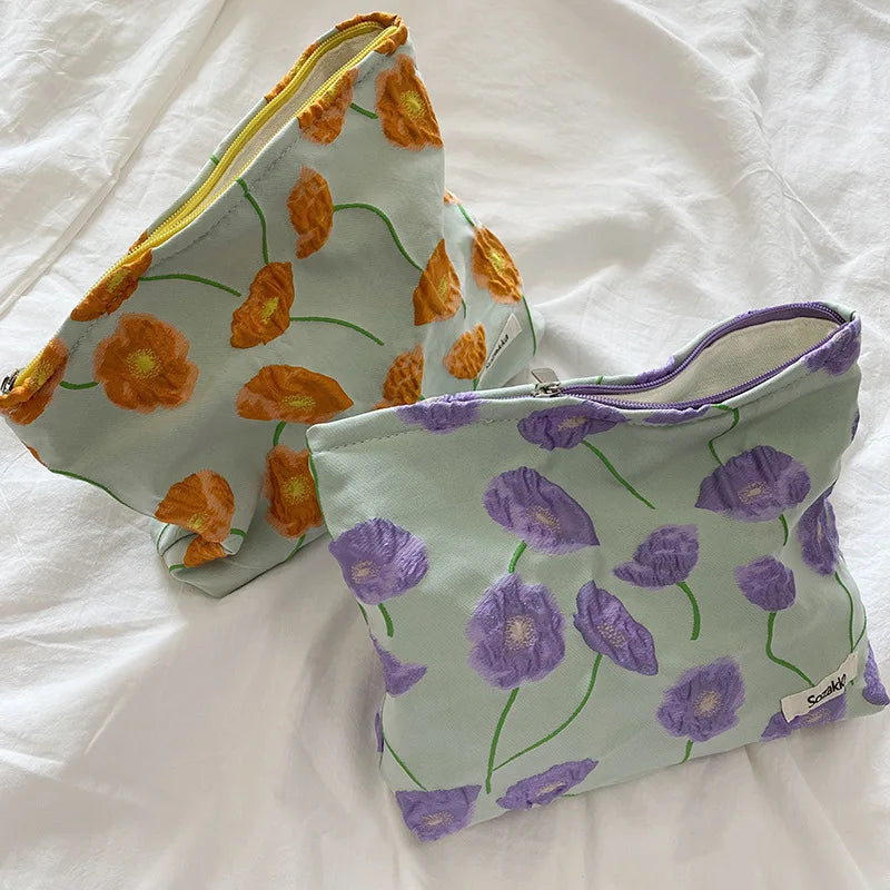 European Embossed Floral Makeup Pouch Women Cotton Cosmetic Bag Organizer Insert Female Travel Toiletry Zipper Beauty Handbag