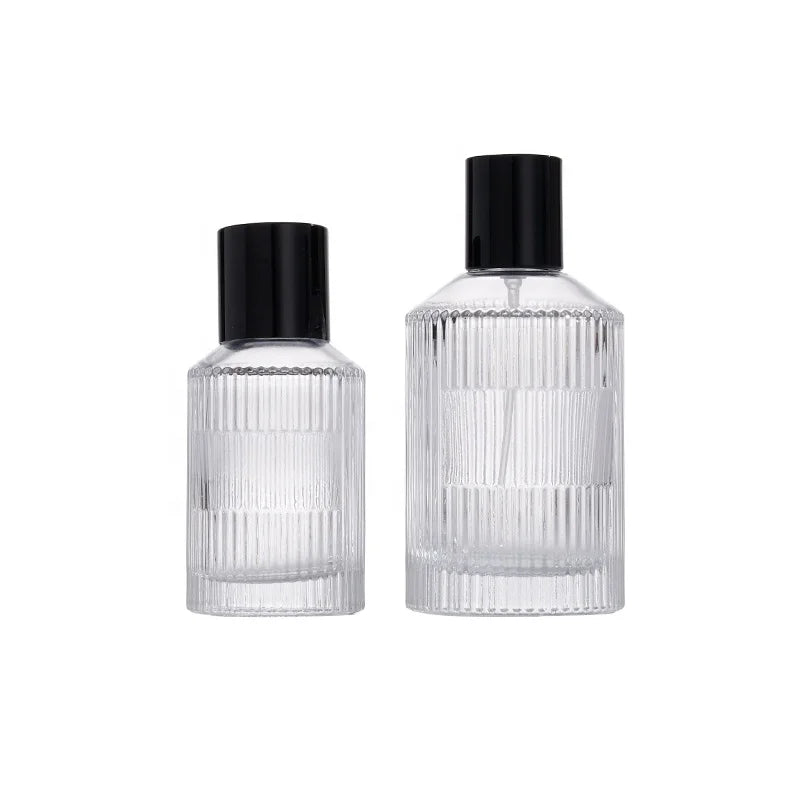Luxury Round Shape 30ml 100ml Ribbed Label Clear Spray Perfume Glass Bottle with Manual Cap