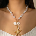 Boho Punk Big Starfish Conch Pendant Necklace for Women Wed Bride Creative Imitation Pearl Chain Jewelry Accessories(NL234)