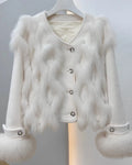 OFTBUY 2024 Women's Exquisite Natural Fox Fur Coat V-Neck Fluffy Weave Knitted Sweater Single Breasted Loose Streetwear Long