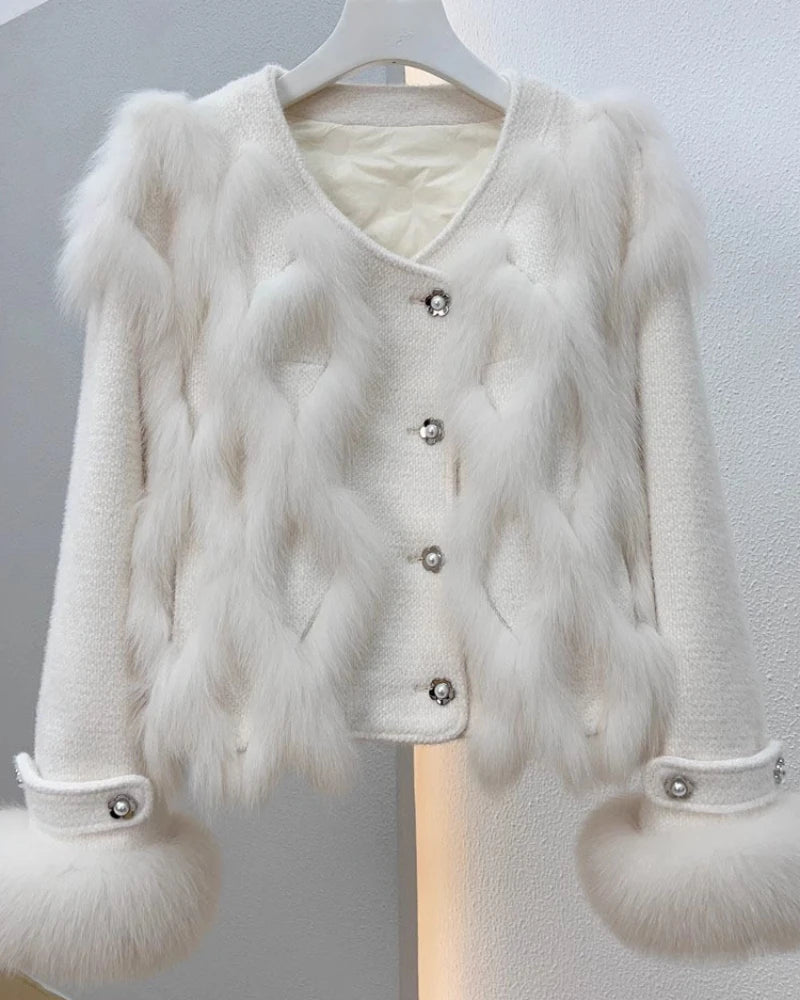 OFTBUY 2024 Women's Exquisite Natural Fox Fur Coat V-Neck Fluffy Weave Knitted Sweater Single Breasted Loose Streetwear Long