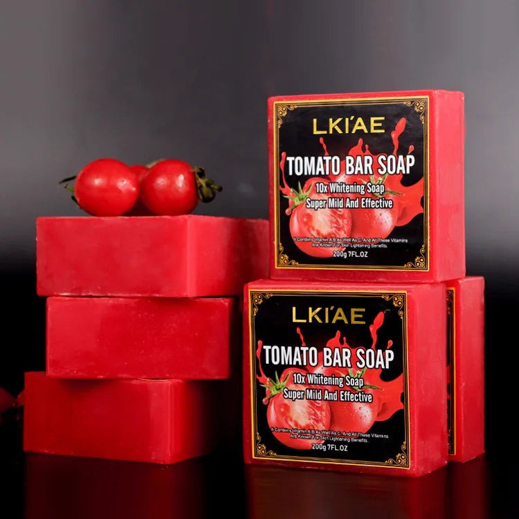 LKIAE Brand Tomato Fruit Scented Handmade Natural Bar Soap for Face and Body Whitening Oil Control Brightens Skin Shrink Pores
