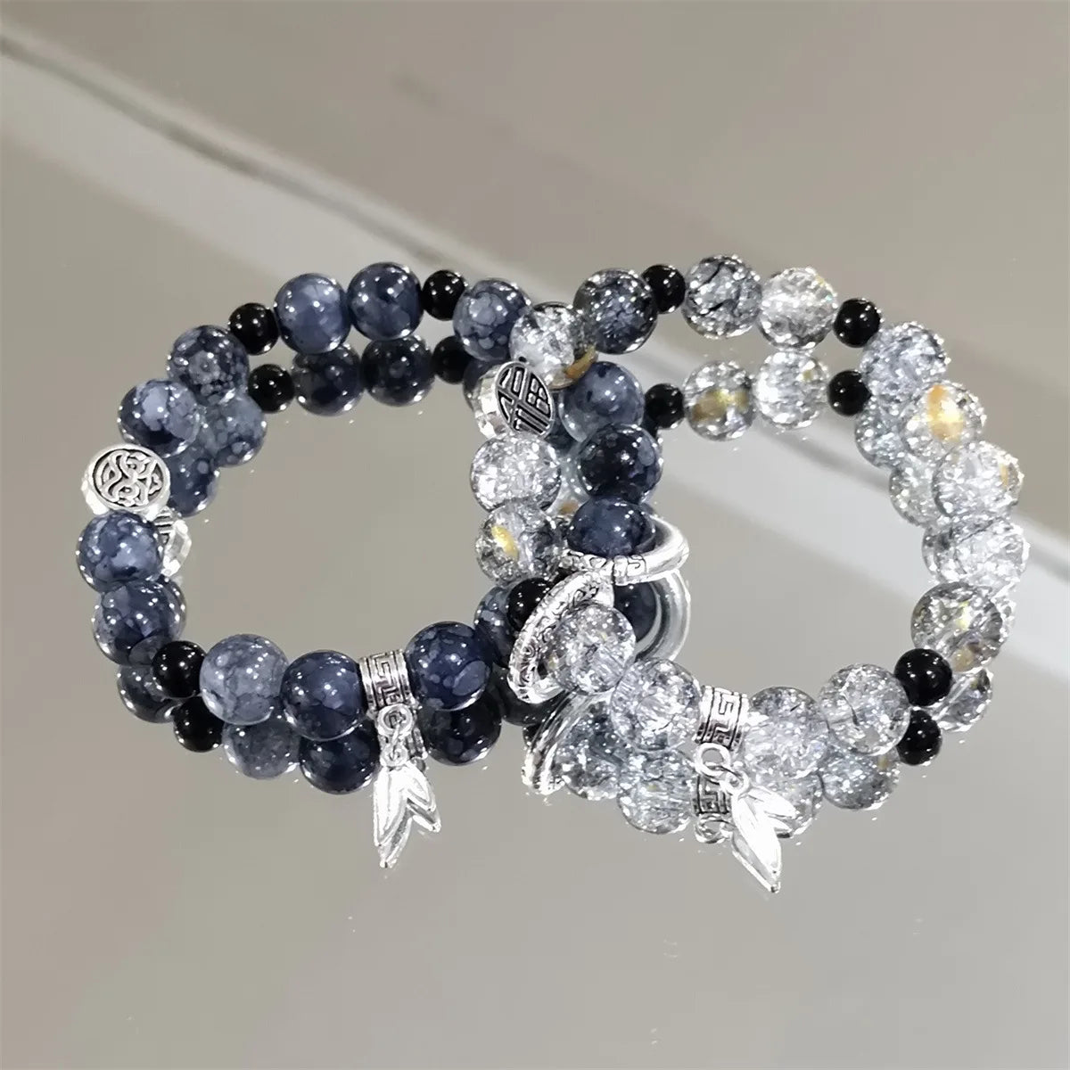 Fashion Fantasy Black Popcorn Cracked Crystal Beads Bracelet Leaf Charm Gradient Color Girl Women Friendship Bracelets Jewelry