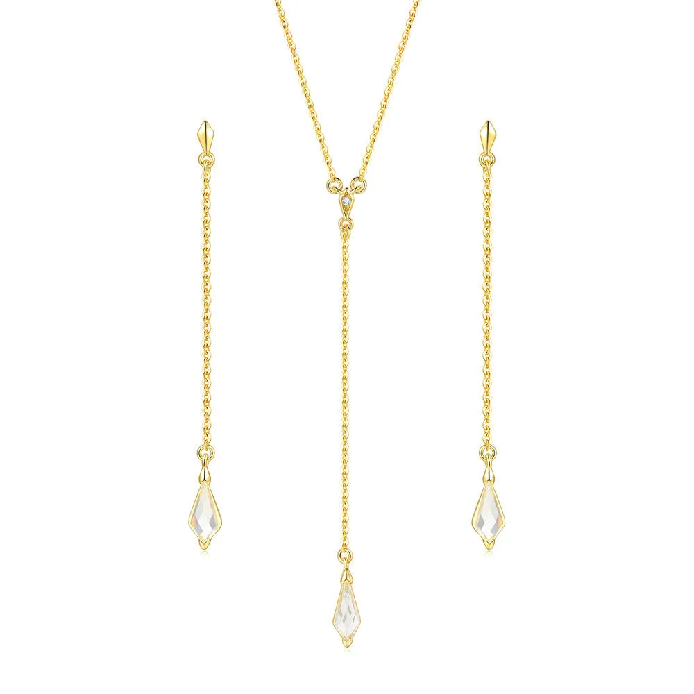 RST Valentines Day Gift Diamond Shape Natural Clear Quartz Crystal Drop Earring and Necklace Jewelry Set V057