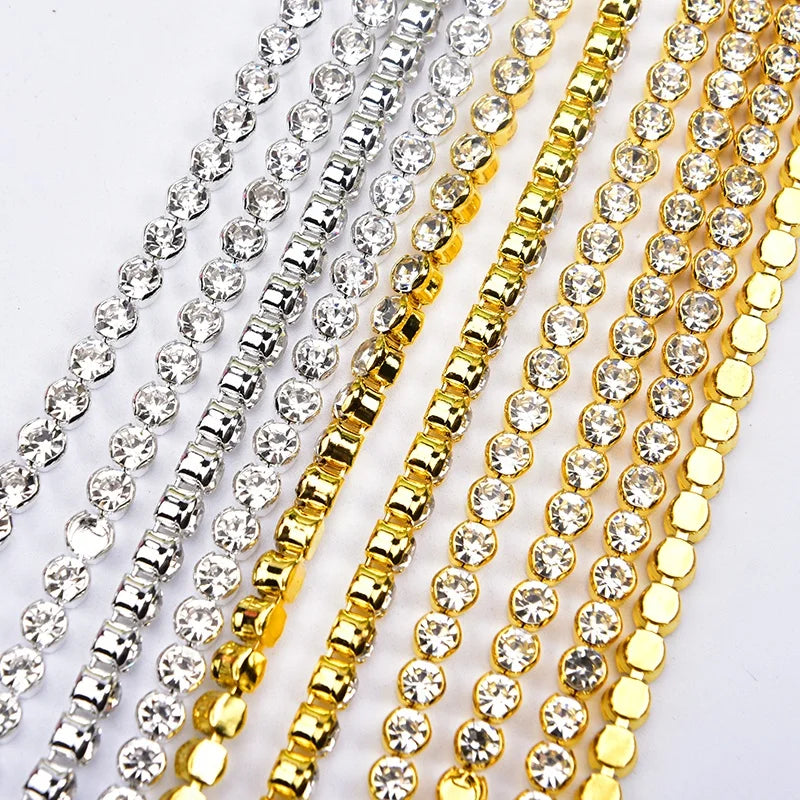 New Round Crystal Rhinestone Gold Base Claw Chain Sewing Cup Chains Trim DIY Garment Accessories