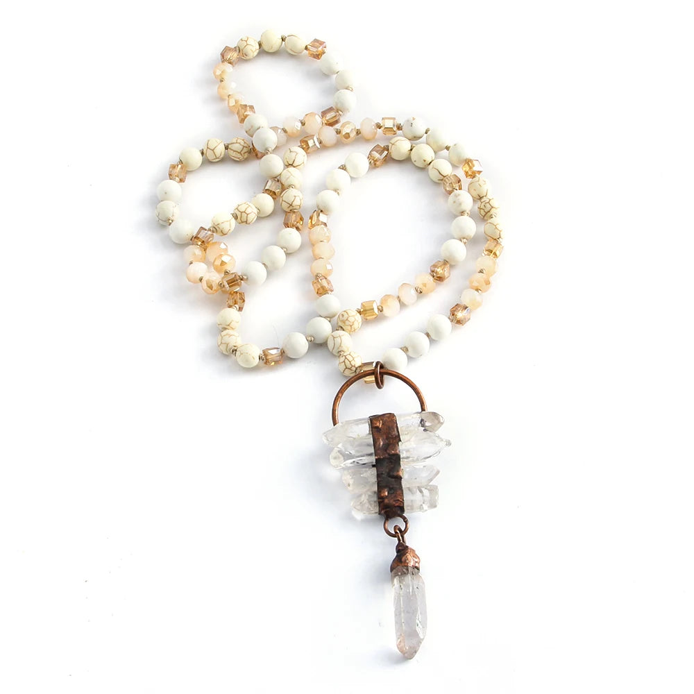 Fashion Bohemian Women Trendy Jewelry 8mm Natural Stone Glass Knotted Necklace Irregular Hexagon Pendant Retro Accessory Jewelry