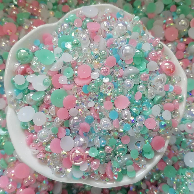 500g DIY Craft Slime 4/5/6/8/10mm Mixed Size Flat Back Green Pink Resin Rhinestone Acrylic Pearl Beads Loose Beads Decoration