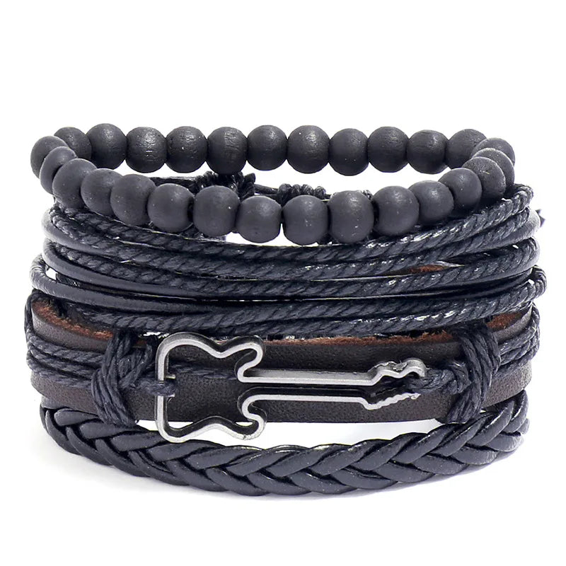 New Popular Vintage Cowhide Leather Guitar Bracelet for Men Handmade Alloy Fashion Charm Bangle Wholesale