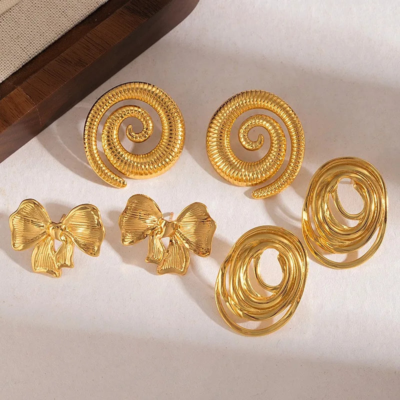 Light Luxury Quality Jewelry 18K Gold Plated Geometric Bow-knot Hollow Swirl Stainless Steel Stud Earring Set