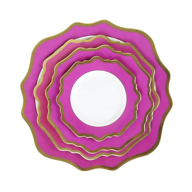 Nordic Style Gold Rimmed Ceramic Charger Plate Multi-layer Fancy Dessert Dishes for Cake Snack for Wedding Parties and Hotels