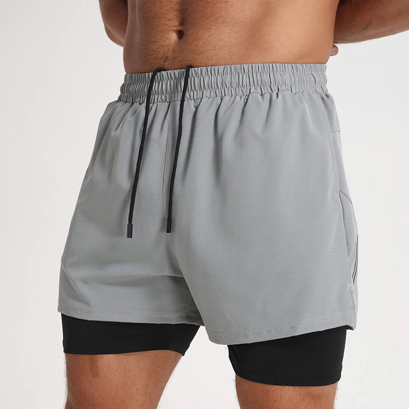 Double Layer Stretch Shorts Gym Men Summer Casual Mesh Sweat Shorts Breathable Fitness Wear Men Shorts