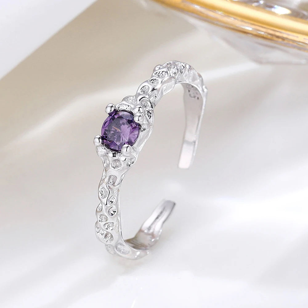 Elegant 925 Sterling Silver Women Luxury Purple CZ Diamond Irregular Texture Folds Open Adjustable Ring